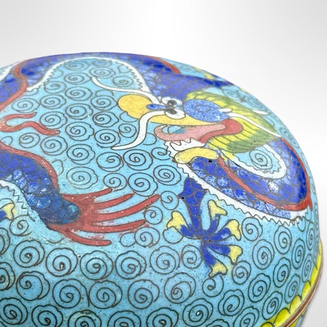 Antique Chinese Imperial Cloisonné Five-Clawed Dragon Box W/ Turquoise Ground For Sale - Image 4 of 10