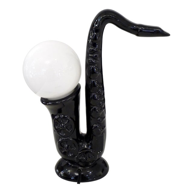 Vintage Saxophone Lamp in Black Earthenware, 1980s For Sale