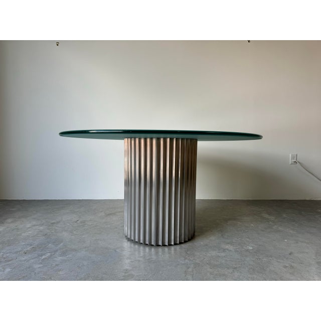 1980's Italian Postmodern Luigi Saccardo- Style Brushed Steel and Glass Top Round Dining Table/ Sold For Sale - Image 11 of 12