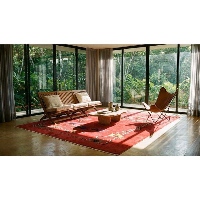 Splendid Red Background With Palmtrees in a Floral Design Antique Chinese Art Deco Rug For Sale - Image 15 of 15