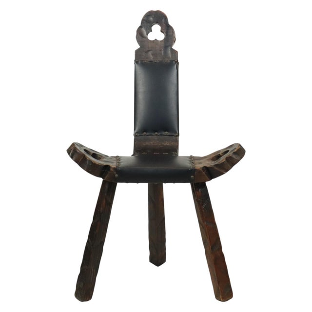 Mid-Century Brutalist Tripod Chair in Pine and Faux Leather, Spain For Sale - Image 15 of 15