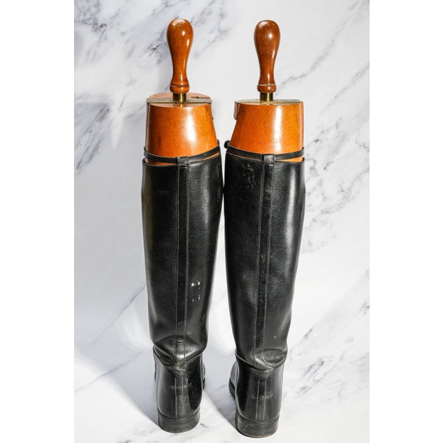 Wood Nice Classic Antique English Black Leather Riding Boots With Wood Trees Home Decor Prop For Sale - Image 7 of 9