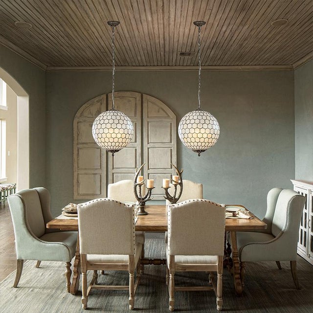 Brass Vintage Aloadecor 3-Light 18'' Brass French Cosatal Glam Chandelier With Natural Capiz Shell Globe Lantern Hanging Light For Sale - Image 8 of 11
