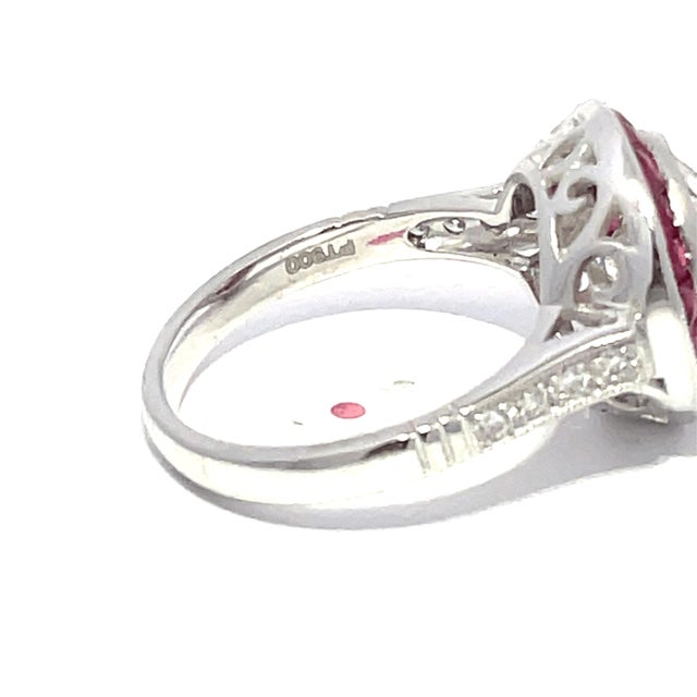 Mid 20th Century Vintage Platinum 3.17cts Old European Cut Diamond and 1.19cts Ruby Halo Ring, Size 6.5 For Sale - Image 5 of 12