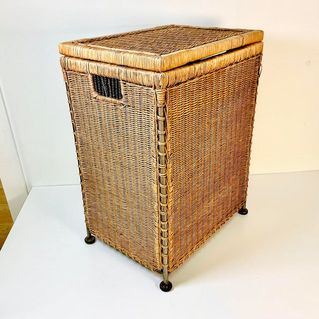 Mid 20th Century Vintage Boho Chic Coastal Wicker and Steel Hamper.. For Sale - Image 5 of 16