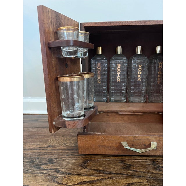 Brown 1950s Karoff Japanese Tabletop Walnut Mini Bar Cabinet With Decanters, Glasses & Tools For Sale - Image 8 of 11
