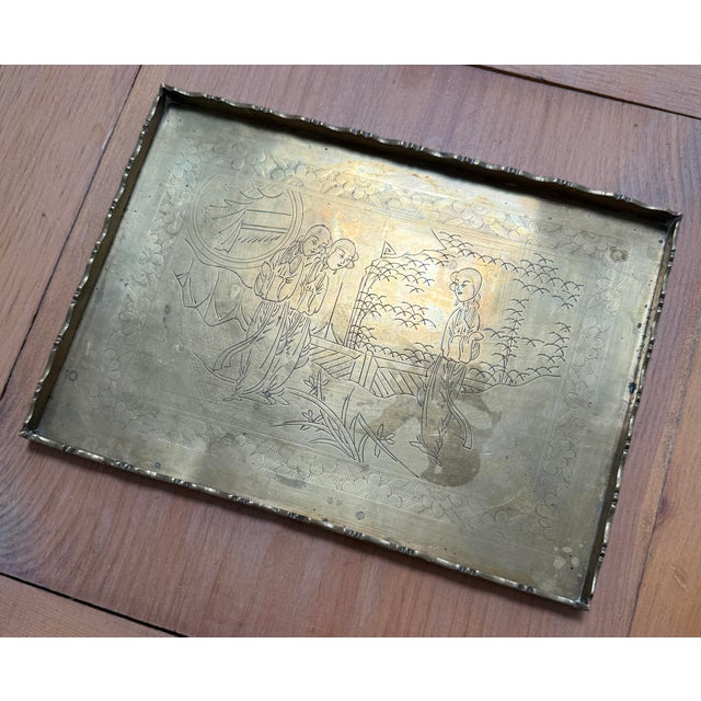 Antique Early 20th Century Engraved Chinese Brass Opium Tray With Scalloped Rim For Sale - Image 16 of 17