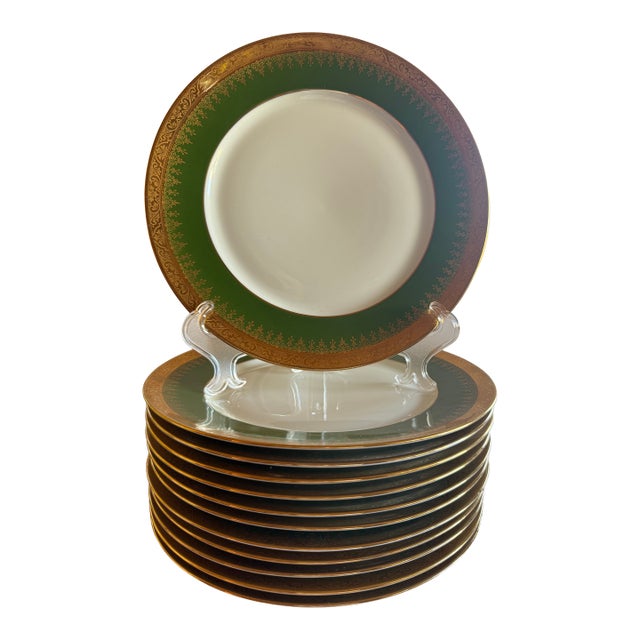 1900s Ch. Field Haviland Limoges France “Label De Qualité” Forest Green & Gold Encrusted 48-Piece Formal Dinner Service for 12 For Sale