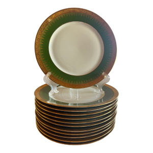 1900s Ch. Field Haviland Limoges France “Label De Qualité” Forest Green & Gold Encrusted 48-Piece Formal Dinner Service for 12