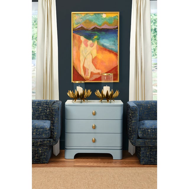 Worlds Away Matthew Izzo Home Fortune Light Blue Matte Lacquer Three Drawer Side Table With Brass Beetle Knob For Sale - Image 4 of 6