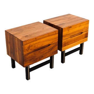 1960s Solid Walnut Two Drawer Nightstands With Sculpted Pulls - Set of 2 For Sale