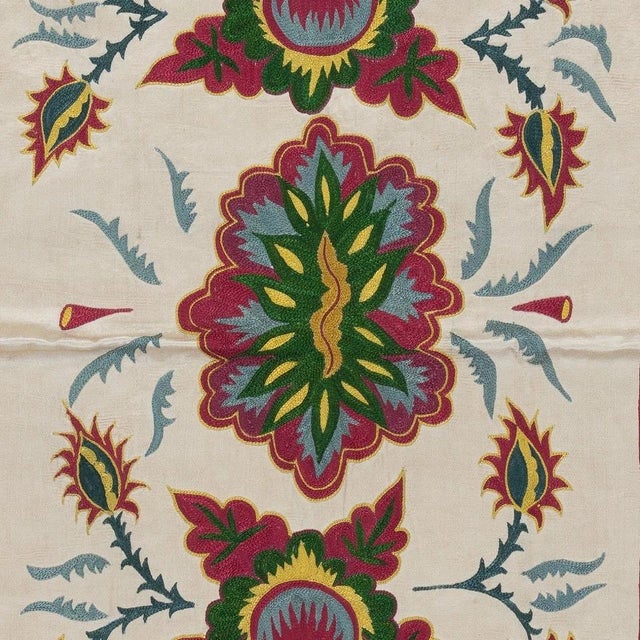 19"x34" Uzbek 100% Silk Flower & Pomegranate Design Embroidered Wall Hanging For Sale - Image 4 of 5