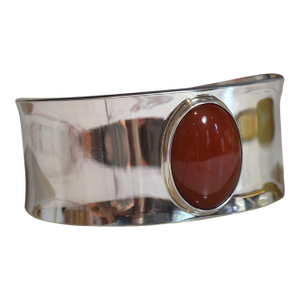Early 20th Century Mexican Sterling Silver and Carnelain Gemstone Smooth Cuff Bracelet