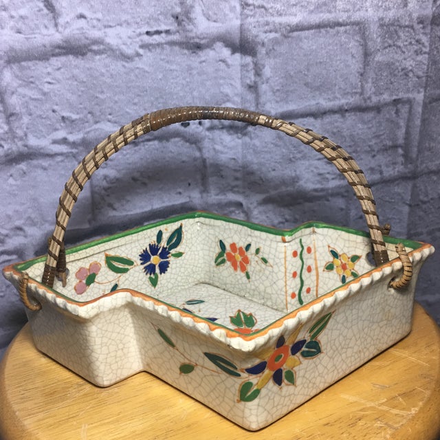 Vintage Hand Painted Floral Design 8 Sided Handled Basket For Sale - Image 13 of 13