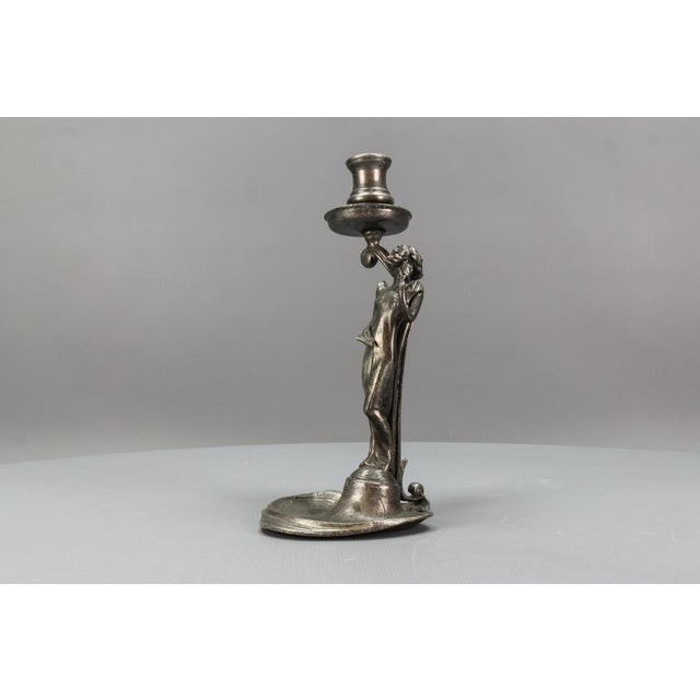French Art Nouveau Pewter Candlestick with Lady Sculpture, 1920s For Sale - Image 15 of 18