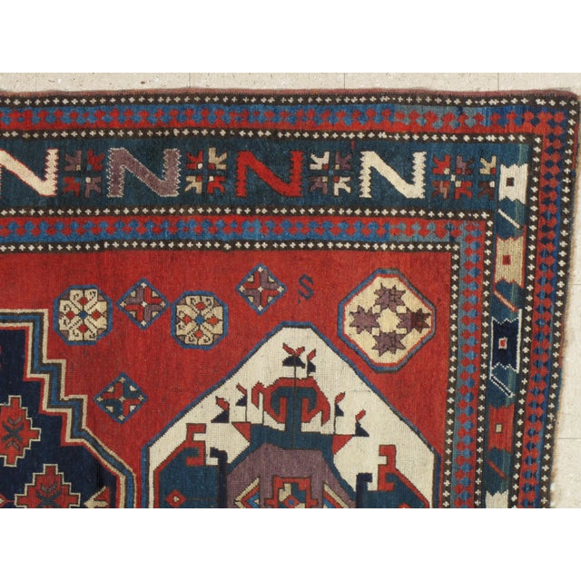 Traditional Antique Kazak Carpet, Handmade Wool, Rust, Ivory, Navy, Light Blue and Geometric For Sale - Image 3 of 11