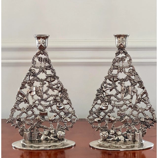 Vintage Pair of Silverplate Christmas Tree Candle Holders For Sale - Image 12 of 12