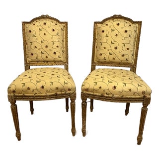 Pair of 19th Century Louis XVI Gilt Upholstered Side/Parlor Chairs For Sale