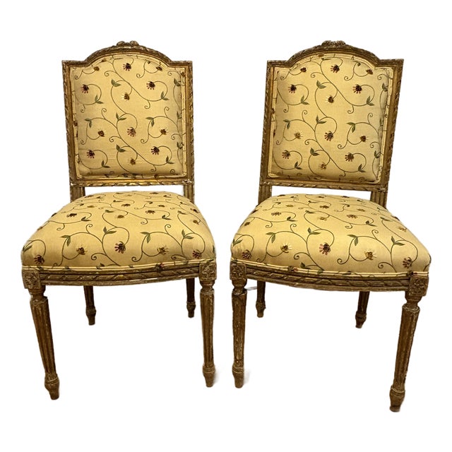 Pair of 19th Century Louis XVI Gilt Upholstered Side/Parlor Chairs For Sale
