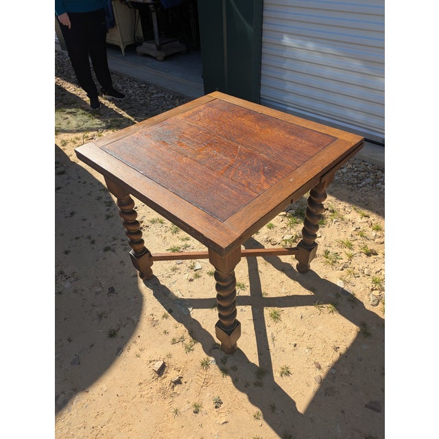 Antique expanding pub kitchen table with barley twist legs would look great in several rooms. A few imperfections. Sturdy