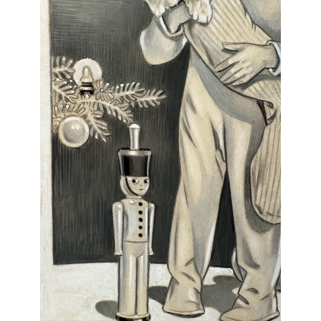 1940s Original Signed Graphite Illustration of Child Holding Christmas Stocking With Toys, 9.5 × 6.5 In. For Sale - Image 4 of 6