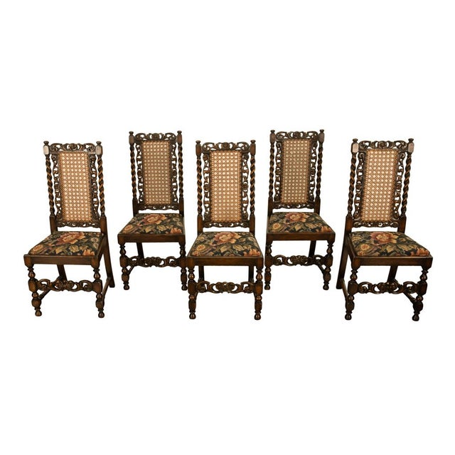 Brown Antique 19thC Set 6 Carved Caned Jacobean Barley Twist Walnut Dining Chairs 1870 For Sale - Image 8 of 18