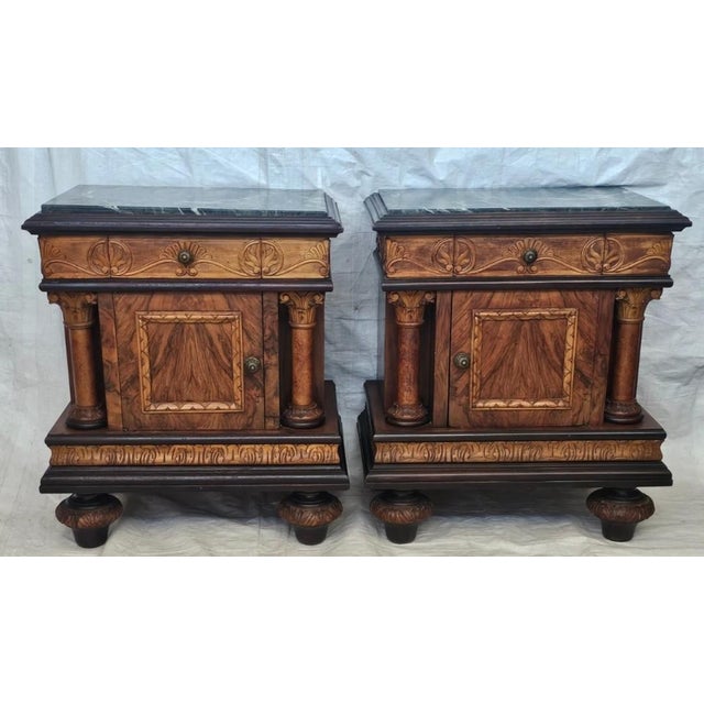 Pair of Italian Burl Walnut Nightstands With Green Marble Tops & Mirrors 1930s For Sale - Image 12 of 18