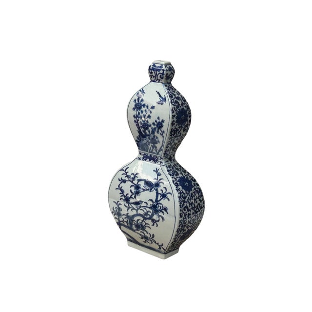 Asian Oriental Slim Flat Gourd Shape Flower Theme Porcelain Art Vase For Sale - Image 3 of 14