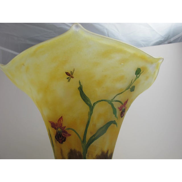 Early 20th Century Antique Daum Nancy Etched Enamel Orchid & Insect Vase 12.75" Tall Art Glass Vase For Sale - Image 5 of 9