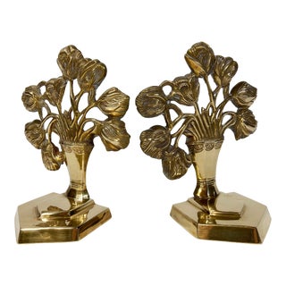Vintage Brass Tulip Flowers in Vase Bookends, Pair For Sale