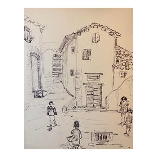1960s Alexandra Merker European Village Drawing For Sale