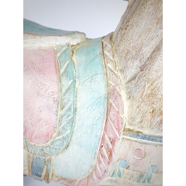 Folk Art Large Vintage Balinese Carved Wood Horse Sculpture – 21″ Pastel Saddle Decor For Sale - Image 3 of 12