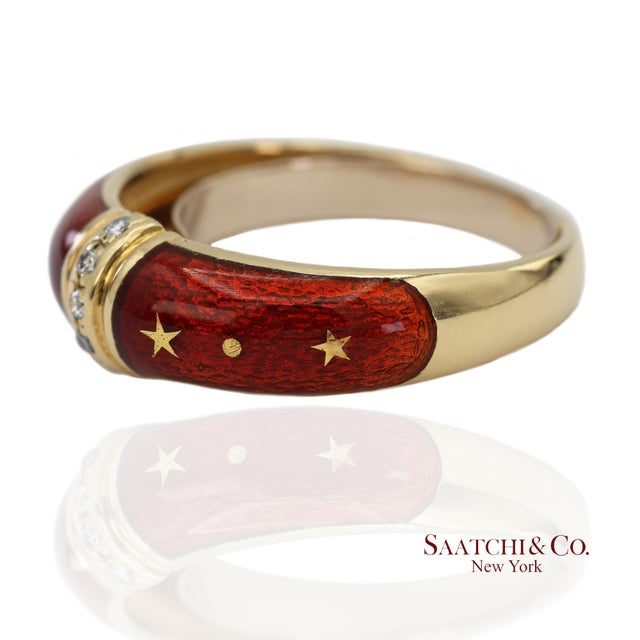 Contemporary Vintage Faberge 18k (750) Solid Yellow Gold Red Enamel Diamond Ring, Size 7.5 For Sale - Image 3 of 12