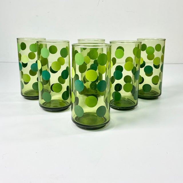 Mid-Century Boho Chic Modern Olive Polka Dot Tumbler Glassware - Set of 6 For Sale - Image 4 of 14