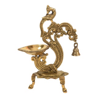 Mid 18th Century Handcrafted Brass Peacock Hanging Diya With Bell | Traditional Indian Oil Lamp for Pooja Mandir |Hindu Puja Item For Sale