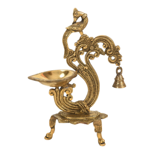 Mid 18th Century Handcrafted Brass Peacock Hanging Diya With Bell | Traditional Indian Oil Lamp for Pooja Mandir |Hindu Puja Item
