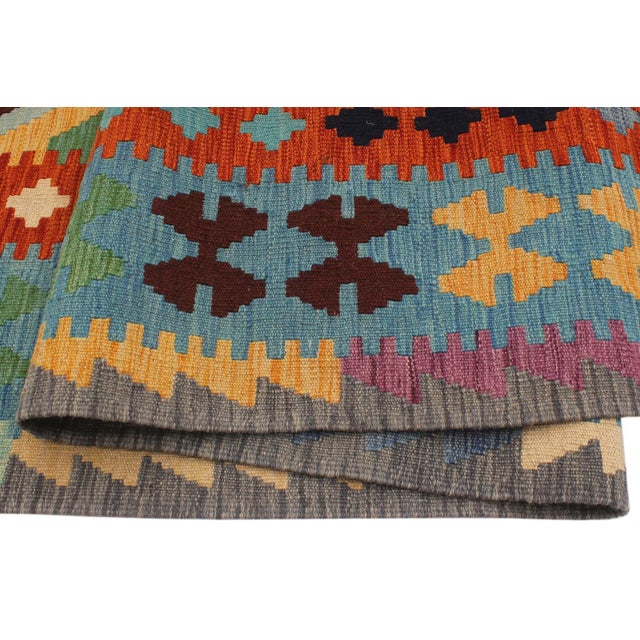 Textile Kilim Rust Blue Wool Rug For Sale - Image 7 of 8