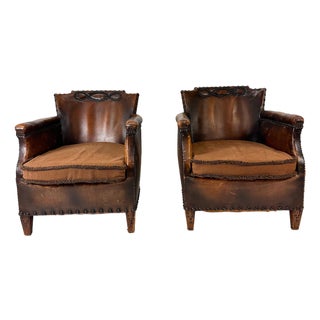 Pair of Antique European Leather Club Chairs (Circa 1920s/30s) For Sale