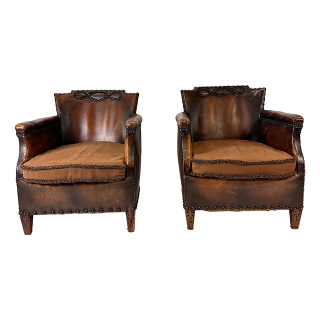 Pair of Antique European Leather Club Chairs (Circa 1920s/30s) For Sale