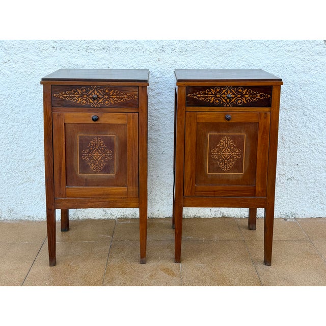 French Marquetry Bedside Cabinets with Inlaid Decoration, 1940, Set of 2 For Sale - Image 4 of 10