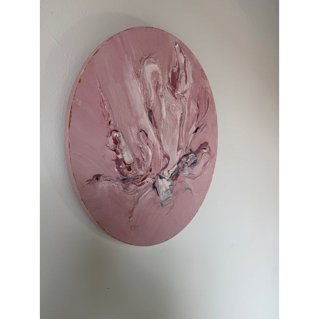Mid-Century Modern 1980s Vintage Heavy Impasto Expressionist Abstract Mixed-Media Painting on Round Wood Panel For Sale - Image 3 of 12