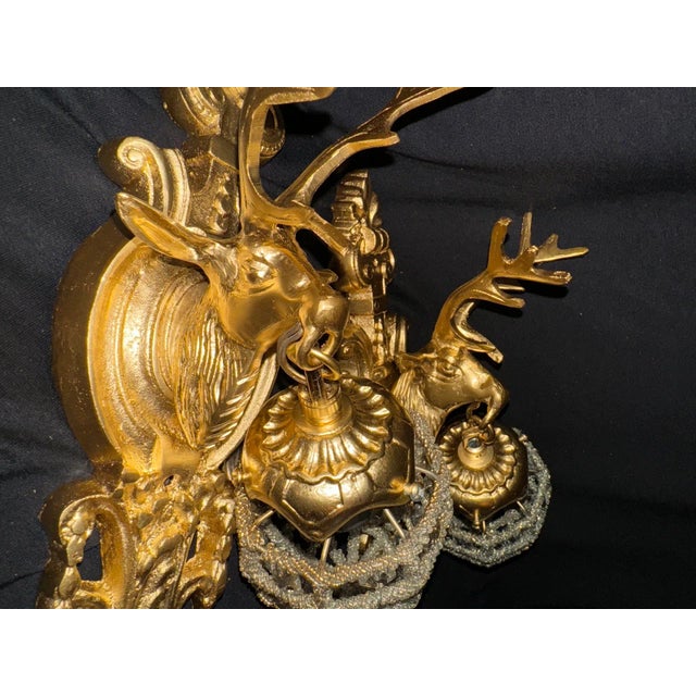 20thC French Louis XVI Gilt Bronze Deer Wall Lamps / Sconces - Pair For Sale - Image 10 of 17