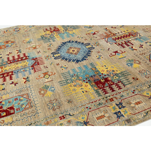 2020s Kazak Style Hand-Knotted Wool Rug – Neutral Beige & Vibrant Multi-Color Tribal For Sale - Image 5 of 10