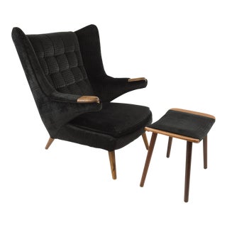 Mid-Century Modern Hans Wegner Design Papa Bear Chair & Ottoman - 2 Pieces For Sale