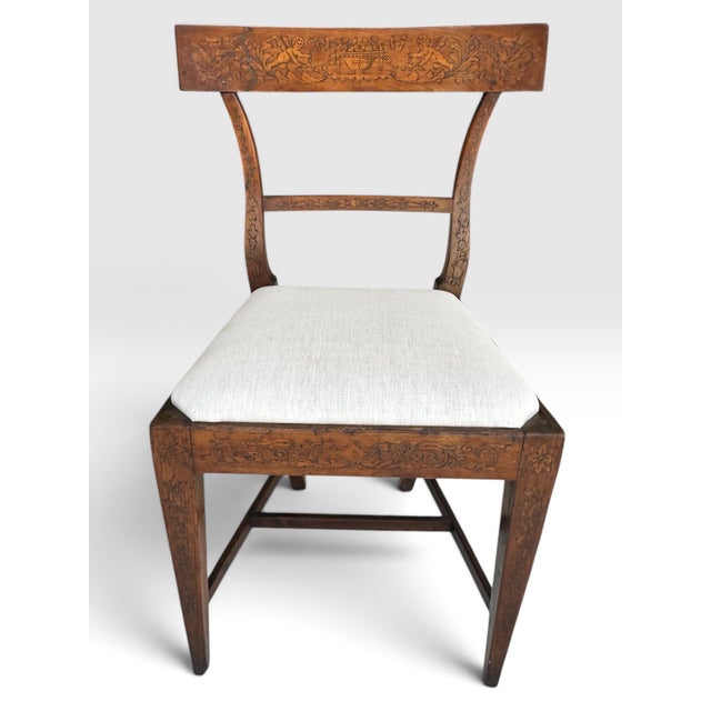 18th Century Rare Pair of Late 18th Century Directoire Penwork and Cherrywood Side Chairs, Circa 1790. For Sale - Image 5 of 12