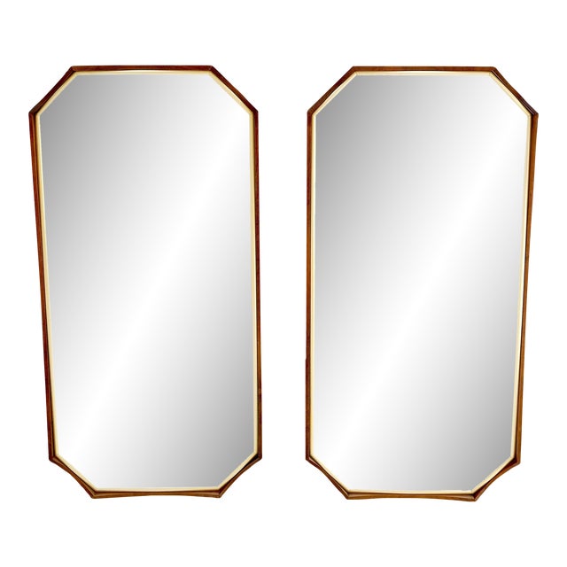 Oiled Walnut Frames Gold Trim Elongated Octagon Shape Wall Mirrors - A Pair For Sale