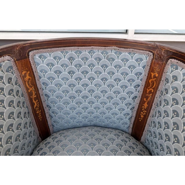 Early 20th Century Inlaid Barrel Back Chair With Scalloped Blue Upholstery For Sale - Image 10 of 14