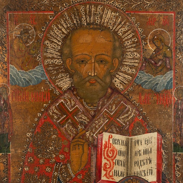 A finely painted early 19th century Russian Orthodox icon, Saint Nicholas of Myra, circa 1820. This traditional Russian...