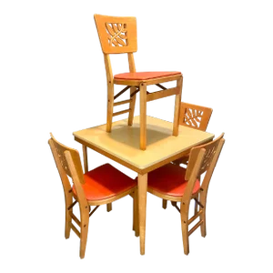 Stakmore Game Table - Vintage Folding Card / Game / Dining Table With Four Leaf Back Chairs With Orange Upholstered Seats