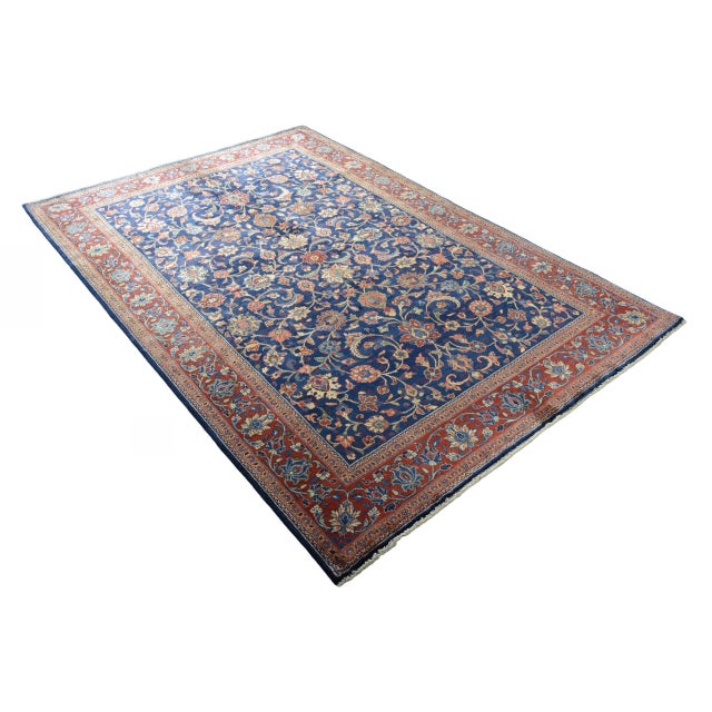 Mid-Century Modern Hand-Knotted Sarogh Rug in Floral Pattern on Deep Blue Background For Sale - Image 3 of 12